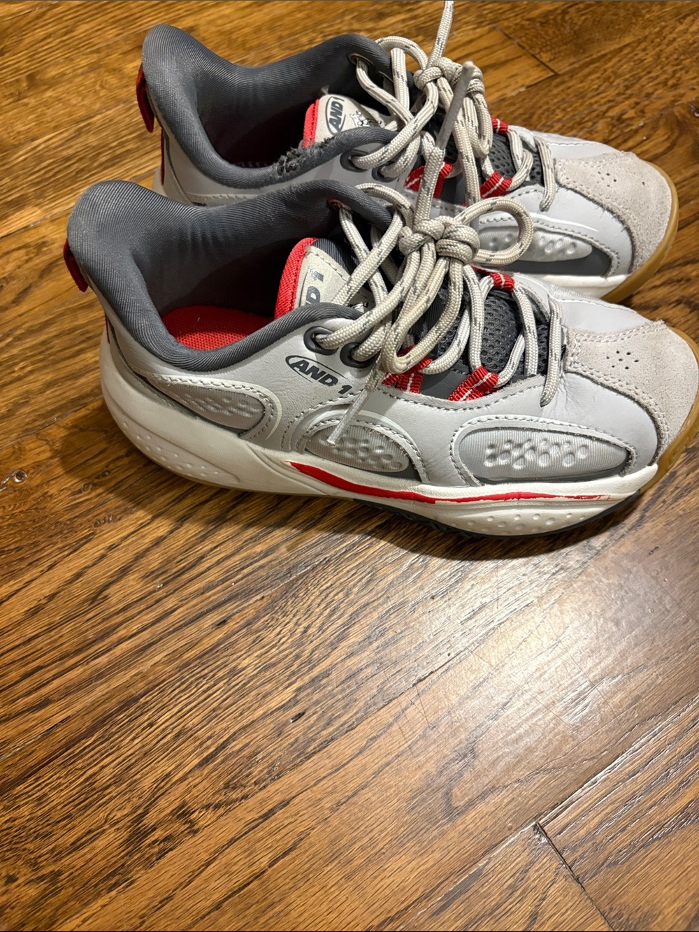 SIZE 1: And1 Gray and Red Low-Top Athletic Sneakers